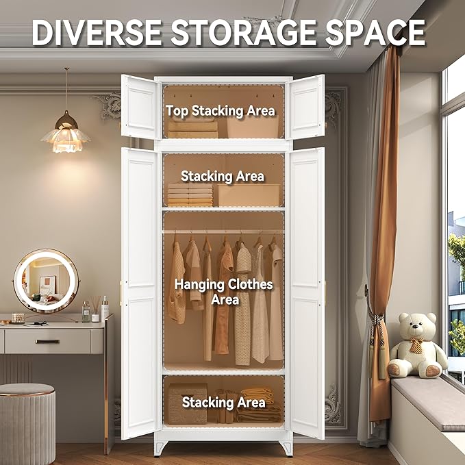 Metal Armoire Closet, 86 Inch Tall Wardrobe Armoire with Hanging Rod, Almirah for Clothes with Doors, 18" D x 32" W x 86" H, White, Assemble Required, Shipped in Two Packages