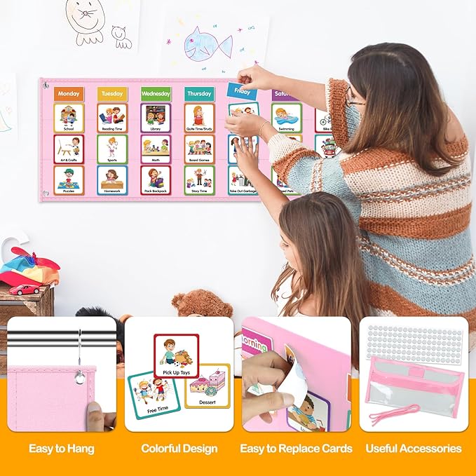 Godery Large Visual Schedule for Kids Chore Reward Chart,Bedtime Routine Chart for Toddlers,Double Side Schedule Board with 109 Cards for Home School Planner,Autism Learning Materials (Pink)