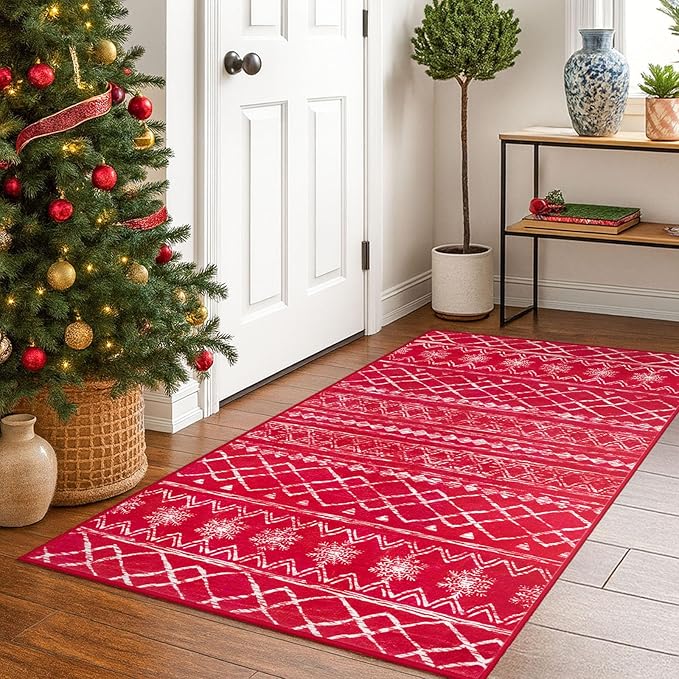 KUTA 3x5 Christmas Rugs for Entryway, Moroccan Boho Washable Area Rugs for Living Room Non Slip, Red Ultra Soft Print Distressed Geometric Low-Pile Entry Throw Carpet for Bedroom Nursery Dorm