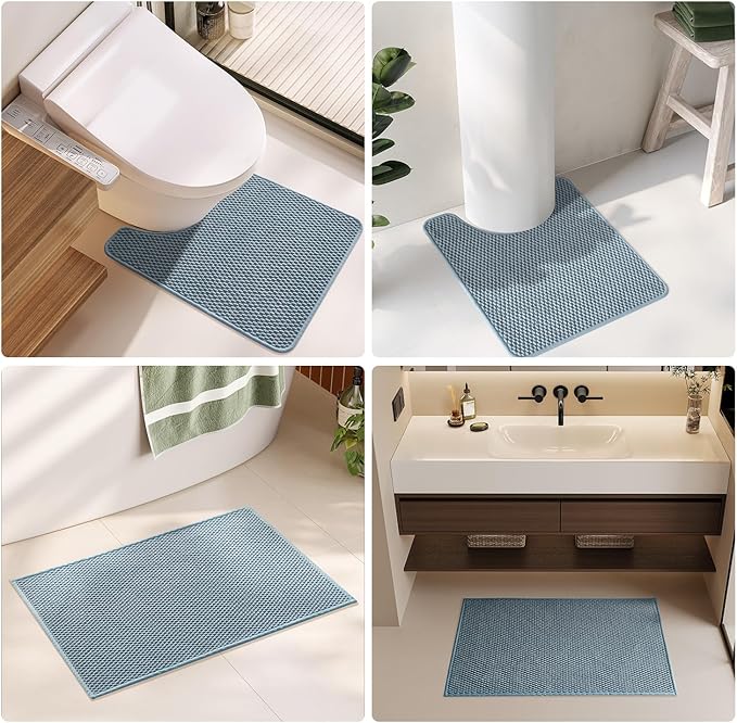Bathroom Rugs Non Slip Washable, Super Absorbent Thin Bath Mat Quick Dry Low Pile Bathroom Rug, Debim Blue 24"x47"