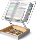 Book Stand with Storage, Book Holder for Reading Hands Free, Wooden Cookbook Stand for Kitchen Counter, Adjustable Reading Stand for Desk, Recipe Stand, Book Prop for Book Lovers (Clear)