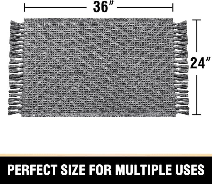 H.VERSAILTEX Waffle Bath Mat Super Absorbent Boho Bath Mat Non Slip Bath Rugs for Bathroom Floor Machine Washable Dry Fast Bathroom Rugs with Tassels, 24" x 36", Gray