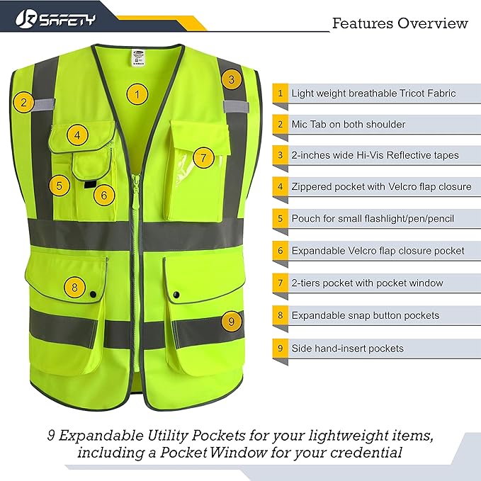 JKSafety 9 Pockets Class 2 High Visibility Zipper Front 6 Pack Safety Vest With Reflective Strips,Meets ANSI/ISEA Standard （155 Yellow L