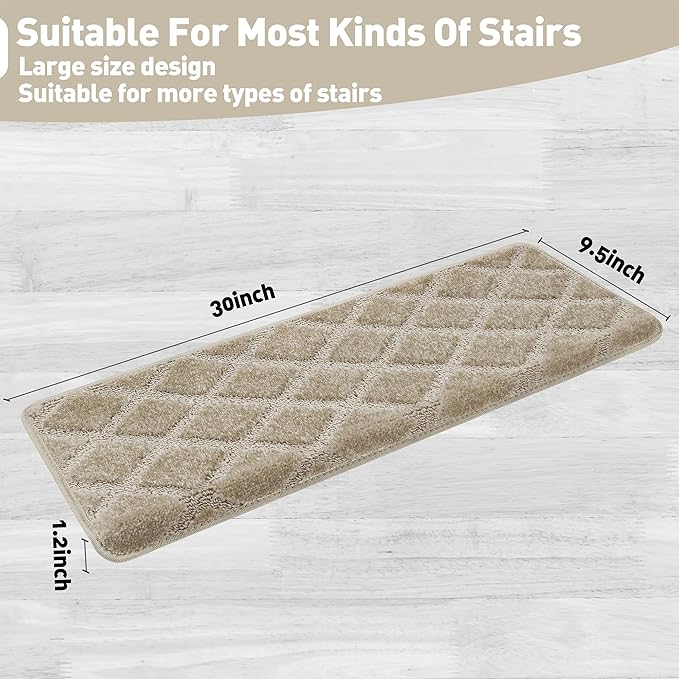 PURE ERA Bullnose Carpet Stair Treads Tape Free Non-Slip Indoor Stair Protectors Pet Friendly Stair Treads for Wooden Steps 9.5" x 30"(7 Pieces, Cream Gray Diamond Trellis)
