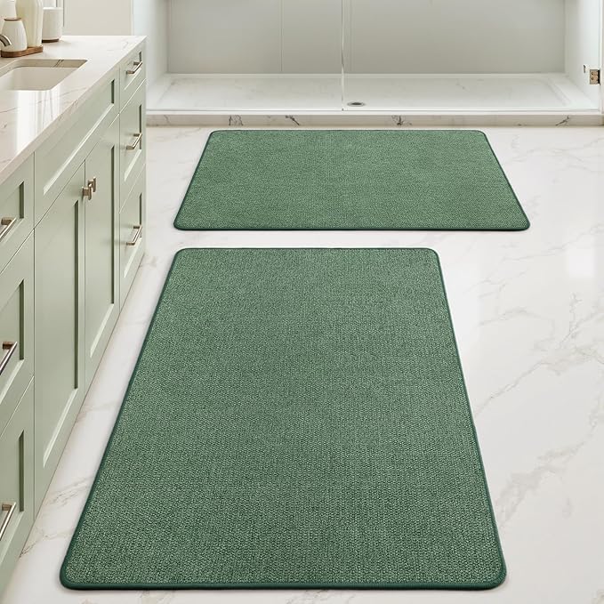 MIULEE Christmas Green Set of 2 Ultra Thin Bathroom Rugs, Rubber Bath Mats for Bathroom Non Slip, Quick Dry Absorbent Bath Rug Machine Washable, Fit Under Door, Shower, Sink, Home Decor, 24x36 Inch