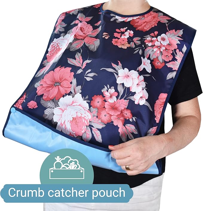 12 Pack Adult Bibs with Crumb Catcher - Waterproof and Reusable Clothing Protectors for Elderly, Seniors and Disabled