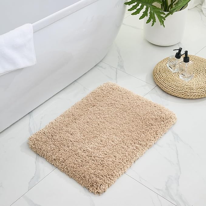 Bathroom Rugs, Ultra Thick Shaggy Soft Microfiber Absorbent Bath Rug, High Density Foam Latex Non Slip Backing, Machine Washable Bath Mats for Bathroom Floor & Sink 24x17, Beige