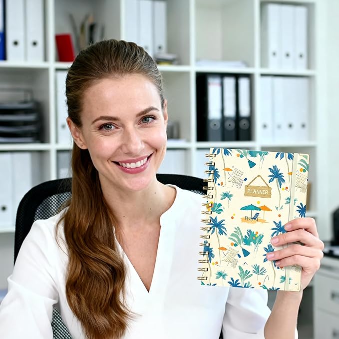 AHGXG 2026 Planner, Weekly and Monthly Planner for Women, Jan 2026 - Dec 2026, Medium Size (5.7" x 8.3"), Calendar 2026, Hardcover with Monthly Tabs, Spiral-Bound, 100 GSM Thick Paper, Blue-Beach
