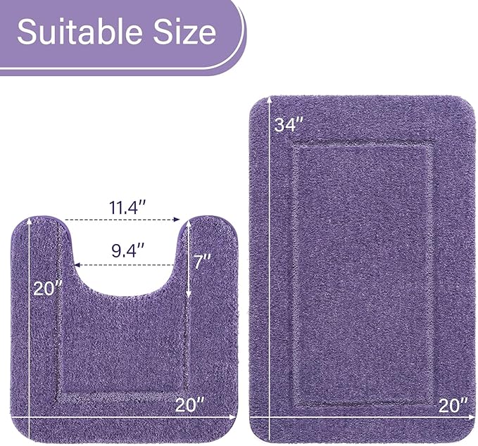 LOCHAS Bathroom Rug Set Purple, Soft Bath Rug Set 2 Piece Set, Toilet Mat U-Shaped 20x20 and 34x20 Bath Rugs, Quickly Dry Mats for Bathroom, Tub, Washable, Super Absorbent Floor Mat