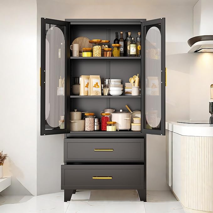 Metal Garage Storage Cabinet, Kitchen Pantry Storage Cabinet with 2 Drawers and 2 Adjustable Shelves Versatile Storage for Homes Offices Gym Basement Warehouse (Black)