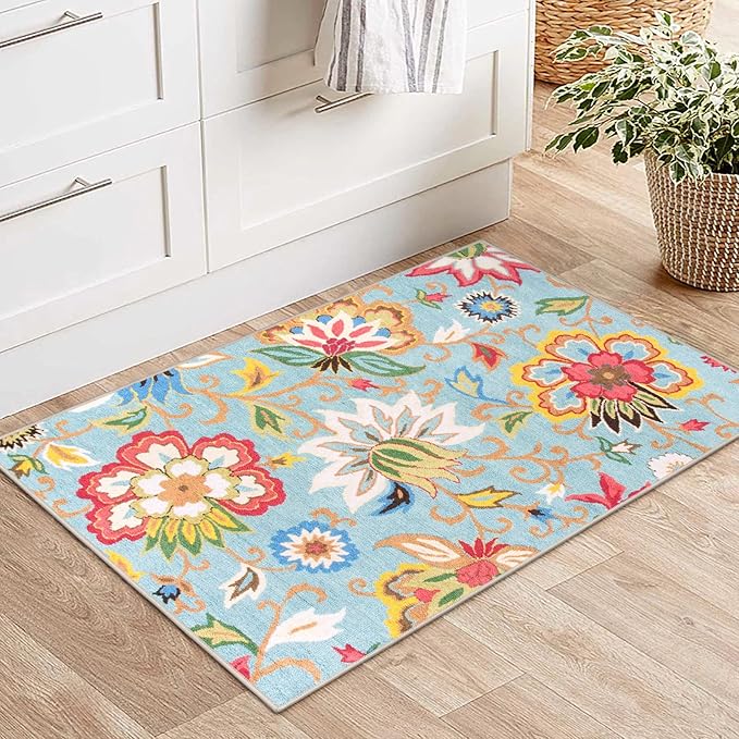 Beeiva Floral 2x3 Small Rugs for Entryway, Non Slip Colorful Door Rugs for Entryway Indoor, Ultra Thin Non-Shedding Throw Thin Bathroom Mat fit Under Door (Colorful,2'x3')