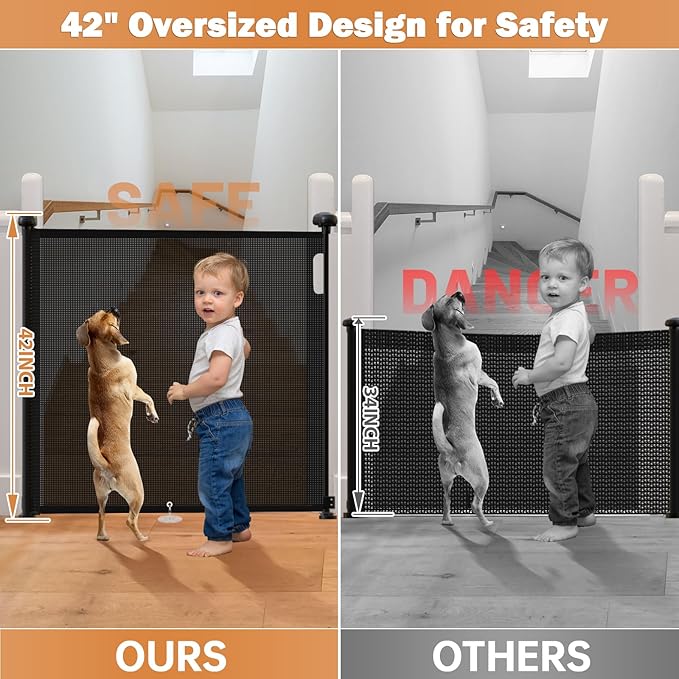 42" Extra Tall Retractable Baby Gates Dog Gate for Stairs, 55" Wide Mesh Baby Gate Pet Gate with Support Rods for The House, Child Safety Gates for Doorways, Hallways, Deck, Porch, Indoor, Outdoor