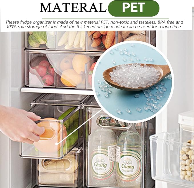 2 Pack Fridge Organizers and Storage with Pull out Drawer, Stackable Storage Drawer, Clear Refrigerator Organizers, BPA-Free for Kitchen Cabinet Pantry,3.14QT