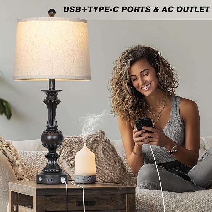 28" Black Farmhouse Table Lamps Set of 2, Rustic Lamps for Living Room with USB C+A Ports & AC Outlet, 3 Way Touch Control Bedroom Lamp, Retro Tall Bedside Lamp for Nightstand Side Table
