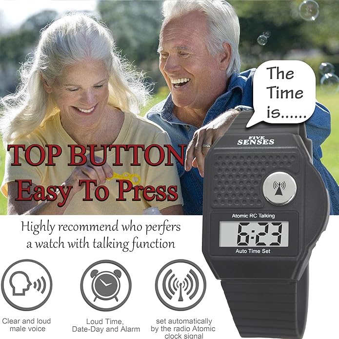 FIVE SENSES - English Atomic Talking Watch, Easy to use for Seniors Blind Men Women, Loud Talking Watch with Sound for Vision Impaired, Watches for Elderly Women, Blind People Products 1095