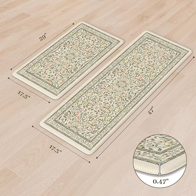 KIMODE Anti Fatigue Kitchen Mats for Floor, Boho Floral Kitchen Rugs Sets of 2, Cushioned Kitchen Floor Mats Non Slip, Comfort Rugs for Kitchen Floor Sink Laundry Desk Beige 17.3"x29"+17.3"x47"
