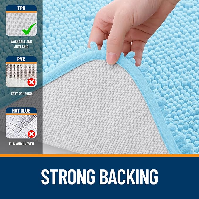 OLANLY Bathroom Rugs 47x20, Extra Soft Absorbent Chenille Bath Rugs, Rubber Backing Quick Dry, Machine Washable Bath Mats for Bathroom Floor, Tub and Shower, Home Decor Accessories, Sky Blue
