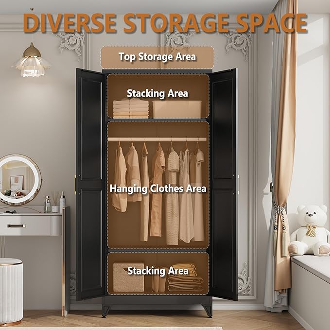 Metal Armoire Wardrobe Closet with Hanging Rod, 71" Tall Wardrobe Cabinet for Clothes, Black Clothing Storage Cabinet with Doors and Shelves, Large Wardrobes for Bedroom, Office, School, Gym