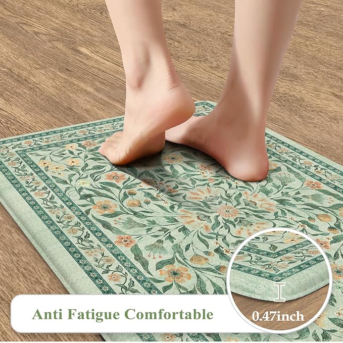 KIMODE Kitchen Mats Cushioned Anti Fatigue 20"x39", Green Floral Kitchen Mats for Floor, Padded Kitchen Floor Mats Non Slip, Standing Mat for Laundry Office Sink Desk