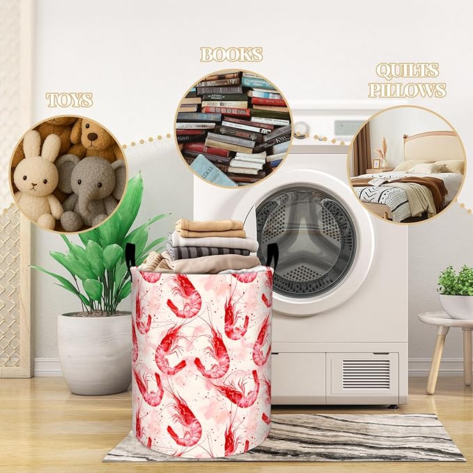 Watercolor Red Shrimp Laundry Basket, Dorm Nursery Foldable Laundry Hamper Organizer for Bathroom Decor, Toy Clothes Storage Box for Bedroom 19.7x15.7 Inch