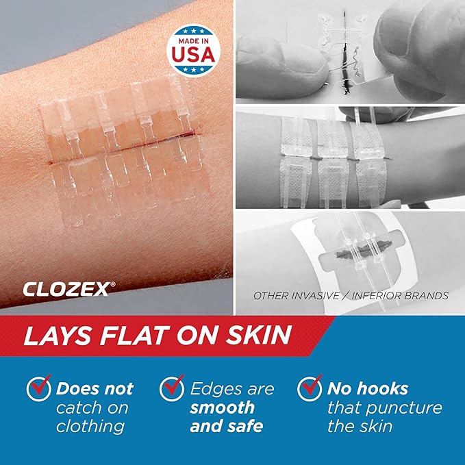 Clozex Emergency Laceration Closure Only- Close Wounds Without Stitches with This Surgical-Grade Skin Device. Available in 3 Variations for Wounds up to 1.0” or 3.5”. Life Happens, Be Ready!