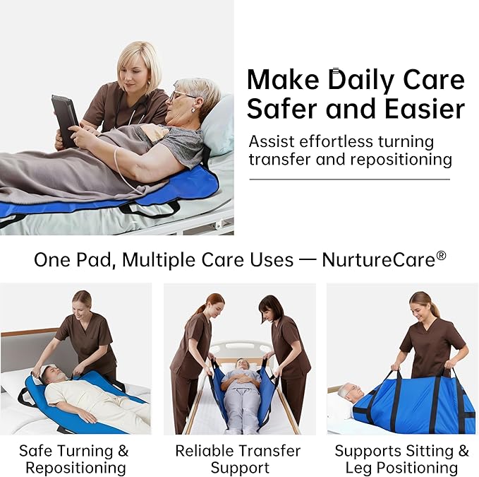 Upgraded 3-Layer Comfort Positioning Bed Pad with Handles Washable Waterproof Transfer Board for Turning Moving Patient Inconvenience Care Transfer Sheet, 43"x 36", Medium, Lake Blue