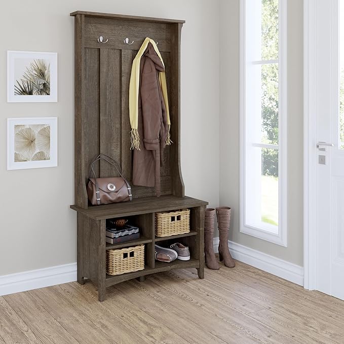 Bush Home Salinas Hall Tree with Shoe Storage Bench in Ash Brown, Multi-Purpose Home Organizer, Entryway Solution with Seating and Hooks