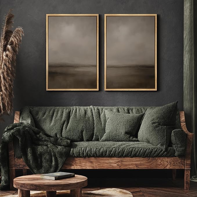 MUDECOR Framed Canvas Print Wall Art Abstract Brown and Taupe Modern Minimalist Misty Landscape Illustrations Modern Art Decorative Bohemian for Living Room, Bedroom, Office - 16"x24"x2 Natural