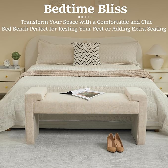 43" Linen End of Bed Bench Upholstered Modern Bedroom Bench for Living Room & Entryway, Easy Assembly, Footrest Ottoman Accent Window Bench with Solid Wood Frame & Curved Arm, Tan