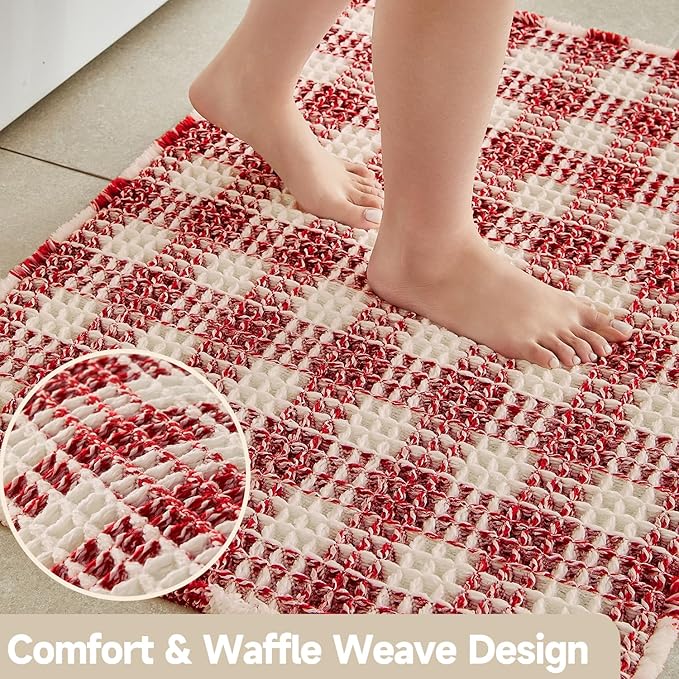 Waffle Runner Rug Bathroom, Long Boho Christmas Bathroom Rugs Non Slip Washable Absorbent Checkered Bathroom Mat Quick Dry Cute Bath Mat, 60"x24" Red and White