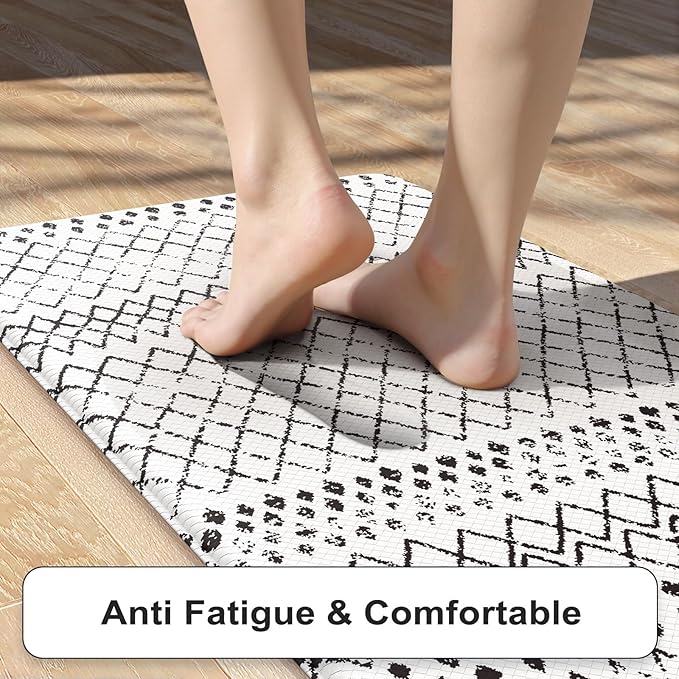 KIMODE Kitchen Mats 2PCS,Cushioned Anti Fatigue Kitchen Rugs and Mats,Non Skid Waterproof Kitchen Mats for Floor,Comfort Foam Standing Mat for Home, Office,Sink,Laundry,Desk,Black and White