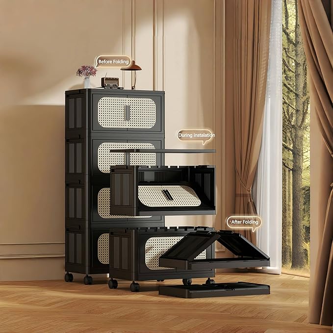 4 Tiers Folding Storage Cabinet,20" Side Wide Stackable Storage Bins with Doors and Wheels, Space Saving Plastic Cabinet for Living Room, Office, Dorm, Retro Black