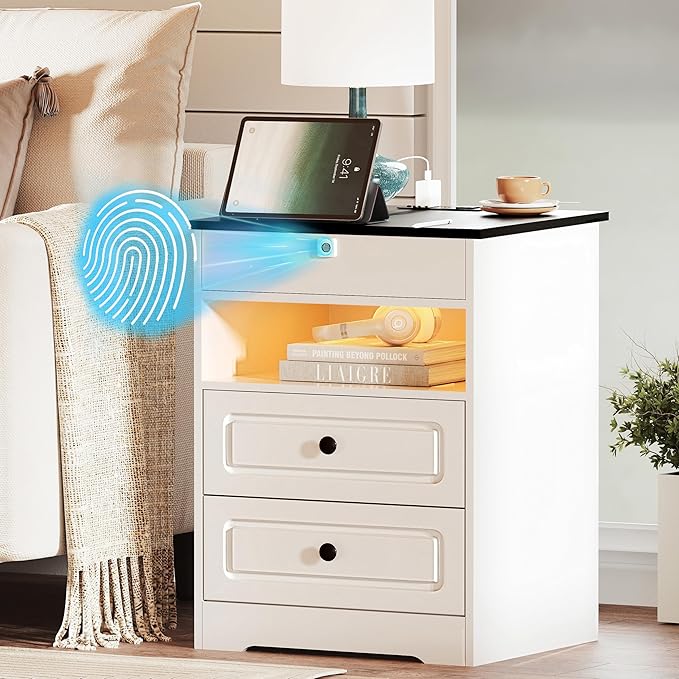 Night Stand Set 2 with Charging Station,Bedside Table with Gun Drawer,Farmhouse End Table and Nightstand,Small SideTable for Bedroom (White-with Gun Drawer, 2-Pcs)