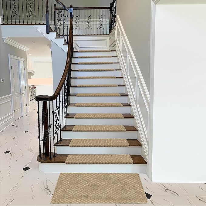PURE ERA Bullnose Carpet Stair Treads Set Tape Free Non-Slip Indoor Stair Protectors Pet Friendly Rugs 9.5" x 30"(7 Pieces,Khaki Mini-Diamond Trellis)