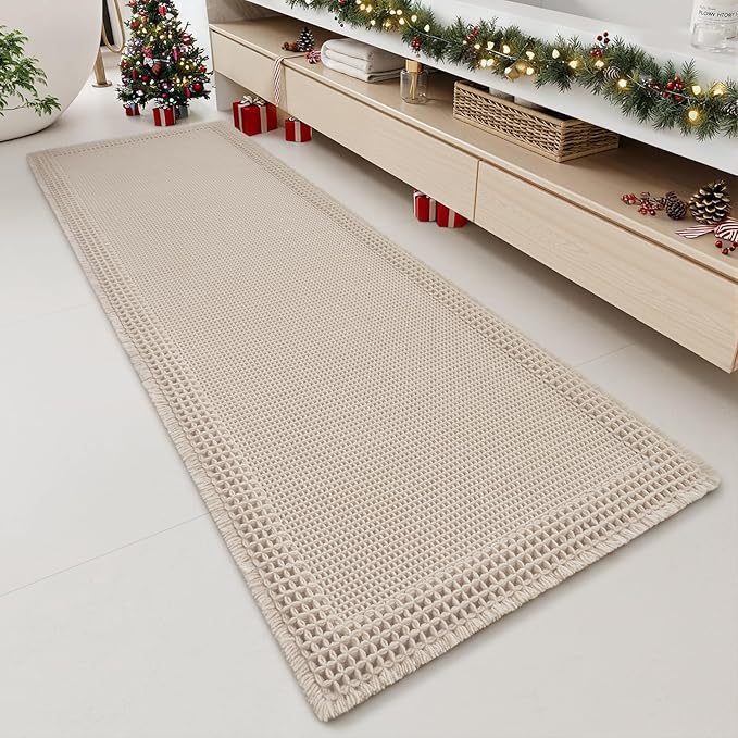 RESARE Waffle Bathroom Runner Rugs, Super Absorbent Bath Mat Non Slip Washable Quick Dry, Upgraded Ultra Soft Boho Bath Rugs with Tassels for Hallway Bedroom Laundry Room, 2'x6'(24"x72"), Pale Beige