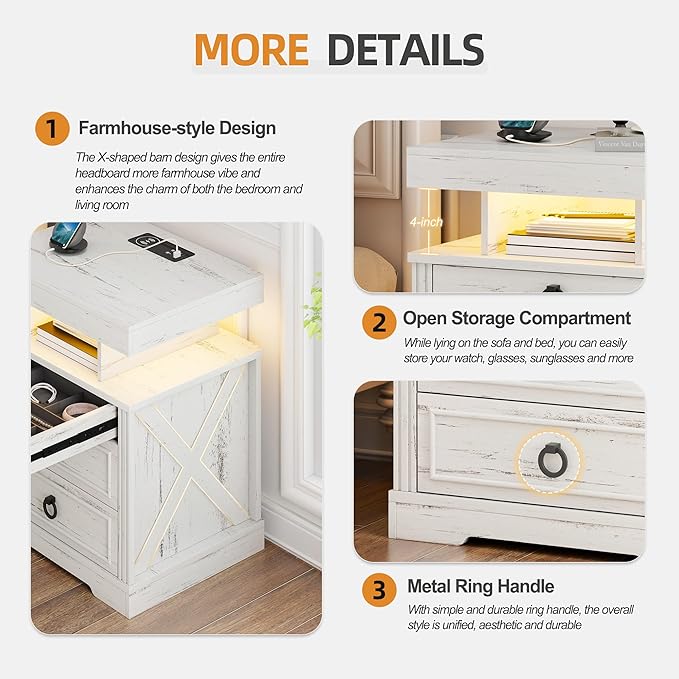 Gurexl Farmhouse Night Stand with Lockable Gun Drawer,LED Nightstand with Charging Station,Bedside Table with Human Sensor 3-Color Lights,End Table with 3 Drawers,Bedroom,White