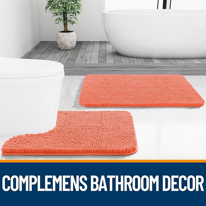 OLANLY Bathroom Rugs Sets 2 Piece, Soft Absorbent Chenille Bath Mats and U-Shaped Contour Toilet Mat Area Rug Set, Machine Washable Bath Carpet, Home Decor Accessories(30"x20"+24"x20", Coral)