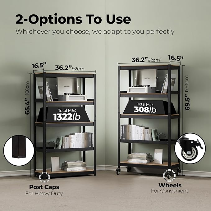 HOMEDANT House 5-Tier Metal Rolling Cart Shelf Rack Casters Heavy Duty Laminated Wheel Shelving Unit Adjustable Utility Storage Shelves Organizer Shelf Kitchen Garage (4, (M) 36.2" W, Black)