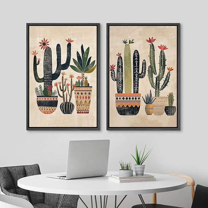MUDECOR Framed Canvas Print Wall Art Set Mexican Cactus Tropical Botanical llustrations Modern Art Decorative Bohemian Calm/Zen for Living Room, Bedroom, Office - 24"x36"x2 Black