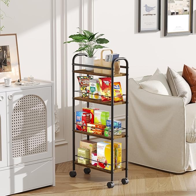 Slim Storage Cart, 4-Tier Narrow Rolling Cart with Handle, 5.9 Inches Deep, Slim Bathroom Shelf for Small Spaces, Kitchen, Dining Room, Living Room, Bathroom, Laundry Room, Rustic Brown