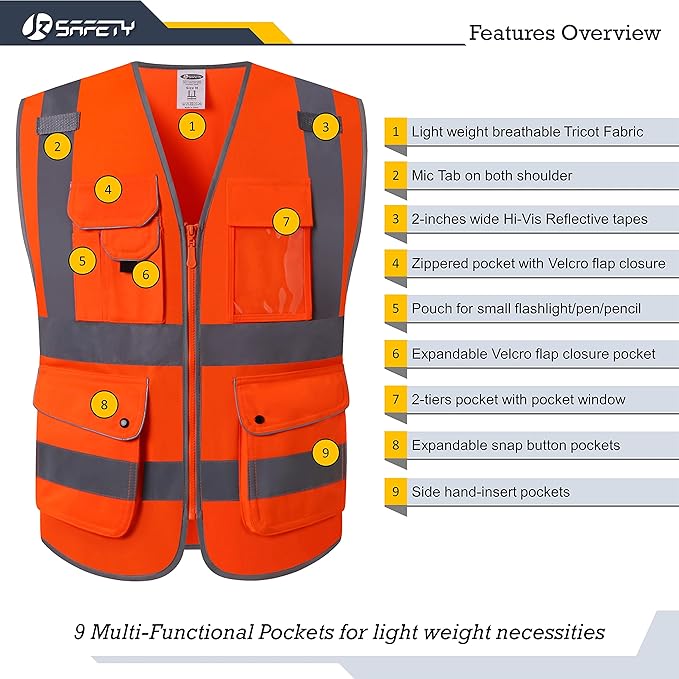 JKSafety 9 Pockets Class 2 High Visibility Zipper Front Safety Vest With Reflective Strips, Meets ANSI/ISEA Standards (150-Orange XL)