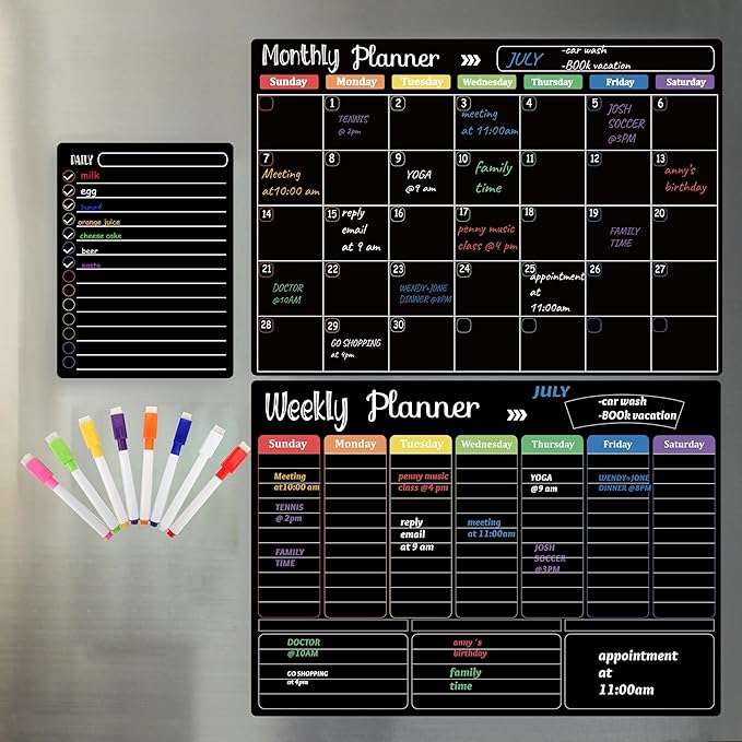 Hivillexun Magnetic Black Dry Erase Calendar White Board Set (3-Pack) - Monthly, Weekly Planners & Daily Notepad for Fridge, Home & Office, Includes 8 Markers