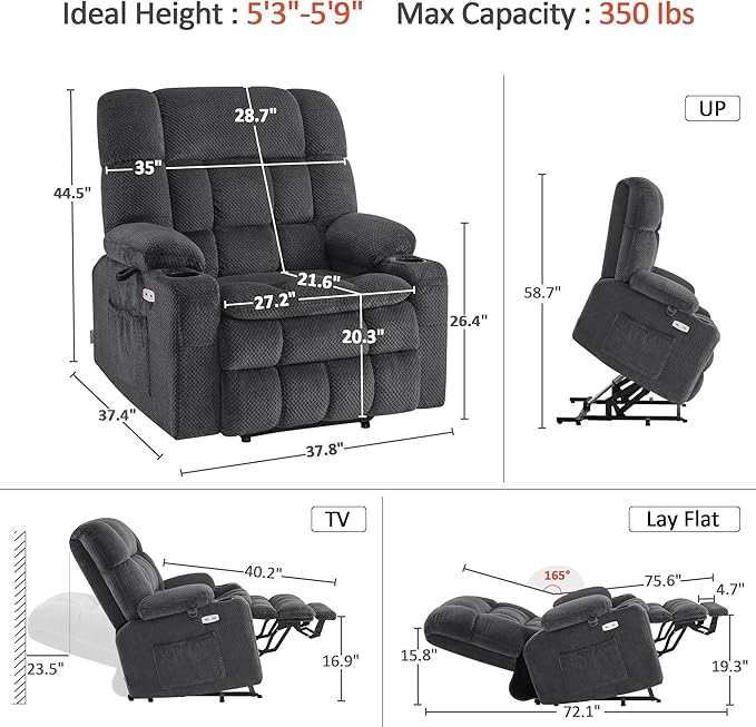 MCombo Dual Motor Power Lift Recliner Chair for Elderly, Lay Flat Lift Chair with Heat and Massage, Extra Wide Lift Recliner for Big People, Cup Holders, Fabric R7897 (Dark Gray, Medium-Wide)