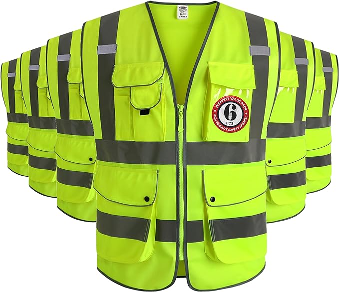 JKSafety 9 Pockets Class 2 High Visibility Zipper Front 6 Pack Safety Vest With Reflective Strips,Meets ANSI/ISEA Standard （155 Yellow XXL