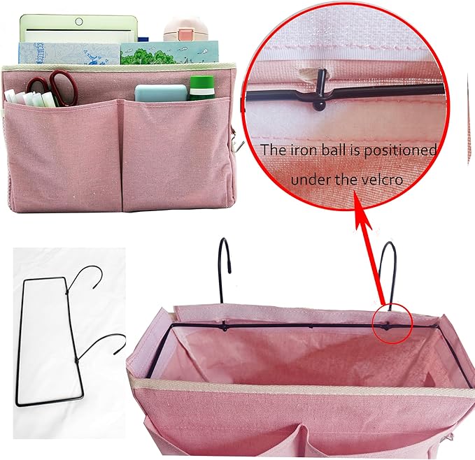 Bedside Caddy Bedside Hanging Storage Basket Multi-Function Organizer Caddy for Bunk and Hospital Beds College Dorms Bed Rails, The Magazine Holders Can be Placed Glasses Books Mobile Phones(Pink)