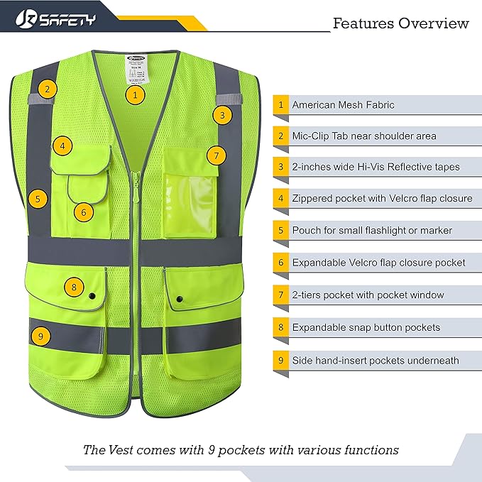 JKSafety 9 Pockets High Visibility Safety Vest for Men and Women, Hi-Vis Reflective Yellow Safety Vests with Zipper Front, Meet ANSI/ISEA Class 2 Type R(159-Yellow M)