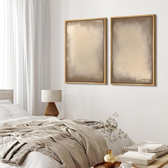 MUDECOR Framed Canvas Print Wall Art Neutral Minimalist Modern Abstract in Beige and Taupe Illustrations Modern Art Decorative Bohemian Colorful for Living Room, Bedroom, Office - 16"x24"x2 Natural