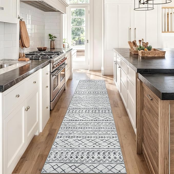 KUTA Boho Runners for Hallways 2x8 Grey Moroccan Washable Runner Rug Non-Slip Vintage Kitchen Rugs Ultra Soft Distressed Geometric Floor Carpet for Bedroom Laundry Living Room