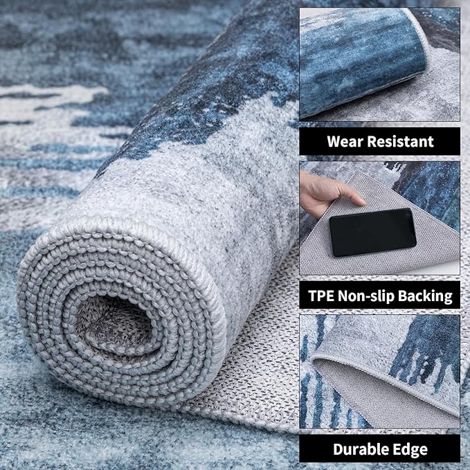 Ciicool 2'6"x8' Washable Runner Rug, Modern Abstract Hallway Rugs Runner, Non-Slip Thin Accent Rug Lightweight Navy Grey Print Distressed Carpet for Laundry Entryway Bedroom Kitchen Indoor