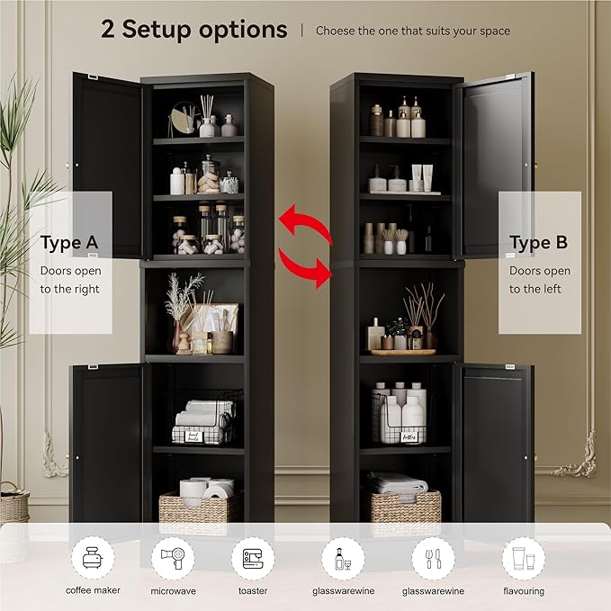 2-Door Metal Storage Cabinet, Tall Slim Pantry Organizer with 3 Adjustable Shelves (120LBS/Shelf), Anti-Tipping Waterproof Cabinet for Bathroom/Kitchen/Home Office/Small Spaces, (1PC,Black)